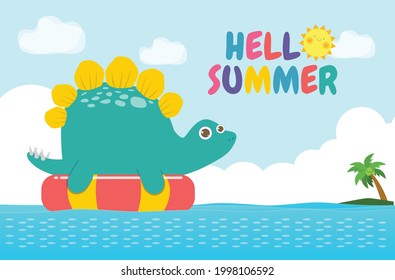 Hola patrón de banner de verano del bebé de los dinosaurios Cute en natación y anillo de goma en el mar. Caricatura de Dino flotando sobre inflable en el océano aislado ilustración vectorial de fondo