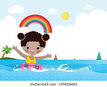 Hola patrón de banner de verano de niños Cute en natación y anillo de goma en el mar. dibujos animados de niños flotando sobre inflable en el océano aislado ilustración vectorial de fondo