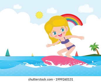 Hello summer banner template cute surfer kid character with surfboard and riding on ocean wave. Happy young surfer on the crest wave, summer time flat vector illustration isolated on background