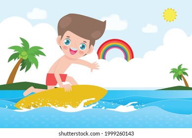Hola patrón de banner de verano lindo personaje surfista con tabla de surf y cabalgando en olas oceánicas. Feliz joven surfista en la onda cresta, verano ilustración vectorial plana aislada en el fondo