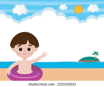 Hello summer banner template of Cute kids and rubber ring on the beach. children cartoon floating on inflatable in the ocean isolated background vector illustration