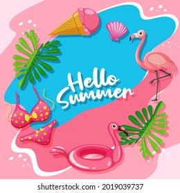 Hello Summer banner template in flamingo theme  illustration
