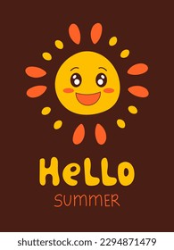 Hello summer banner template. Funny retro style sun character with handwritten inscription. Vintage summertime poster or greeting card. Vector illustration