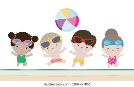 Hello summer banner template, Group of kids kids playing water volleyball on the beach, Children jump on the beach in summer time vacation flat cartoon isolated on white background vector illustration