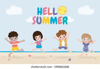 Hello summer banner template , Group of kids jumping on the beach, summer time, Relaxing children at seashore, Lounge time at the seaside, vacation flat cartoon on background vector illustration