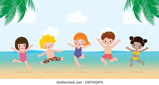 Hello summer banner template , Group of kids jumping on the beach, summer time, Relaxing children at seashore, Lounge time at the seaside, vacation flat cartoon on background vector illustration