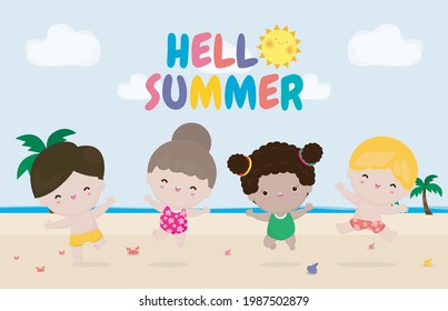 Hello summer banner template , Group of kids jumping on the beach, summer time, Relaxing children at seashore, Lounge time at the seaside, vacation flat cartoon on background vector illustration