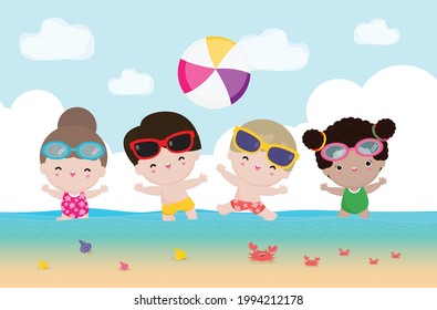 Hello summer banner template, Group of kids playing water volleyball on the beach, Children jump on the beach in summer time vacation flat cartoon isolated on background poster vector illustration