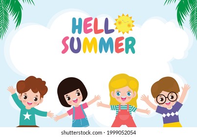 Hello Summer Banner Template, Group Of Kids Summer Time, Relaxing Children At Seashore, Lounge Time At The Seaside, Vacation Flat Cartoon On Background Vector Illustration