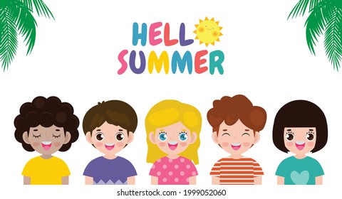 Hello summer banner template, Group of kids summer time, Relaxing children at seashore, Lounge time at the seaside, vacation flat cartoon on background vector illustration