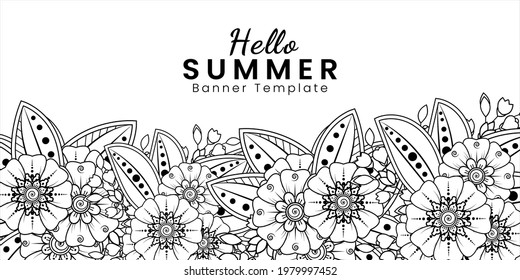 Hola patrón de banner de verano con flor mehndi