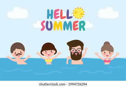 Hello summer banner template, people swimming on the waves, Group of person having fun on the beach, Summer time, Attractions concept, vacation flat cartoon on background vector illustration