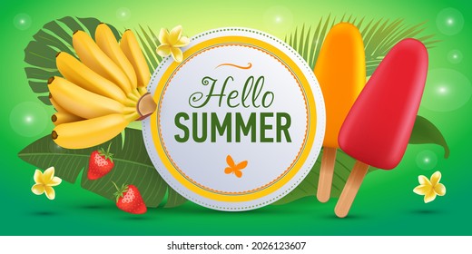 Hello summer banner template with popsicle ice cream, baby banana and palm leaves. Typography badge. Vector