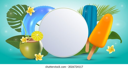 Hello summer banner template with popsicle ice cream, coconut coctail and palm leaves. Vector