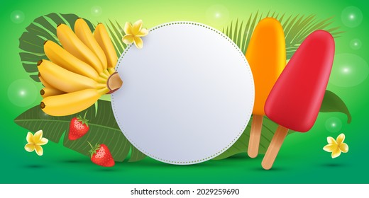 Hello summer banner template with popsicle ice cream, baby banana and palm leaves. Vector