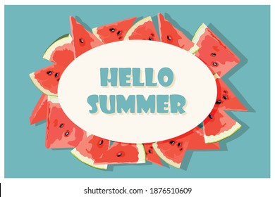 Hallo Sommer. Bannervorlage, Postkarten mit ovalem Rahmen in saftigen Stücken Wassermelone. Vektorgrafik im Flachstil.