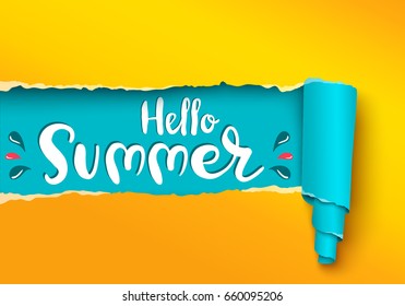 Hello Summer banner template in a realistic torn paper design. Blue and yellow detailed paper scroll. Summer time greeting background, poster, card. Vector illustration