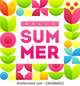 Hello summer. Banner template with text and  stylish frame with abstract flowers. Vector illustration.