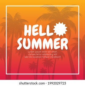 Hello summer banner template. summer time text and beach island background with tropical season element like palm trees for relax holiday vacation design on background vector illustration