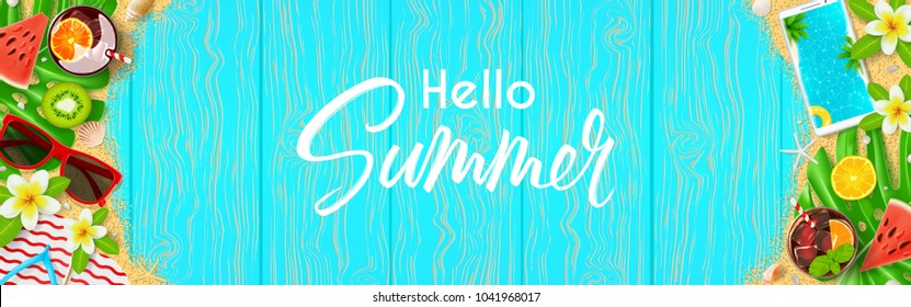 Hello Summer banner template. Top view on summer composition with realistic objects and tropical fruit on wooden texture. Vector illustration. Concept of seasonal tropical recreation.