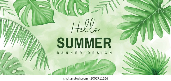 Hallo Sommer-Banner-Vorlage mit tropischem Hintergrund