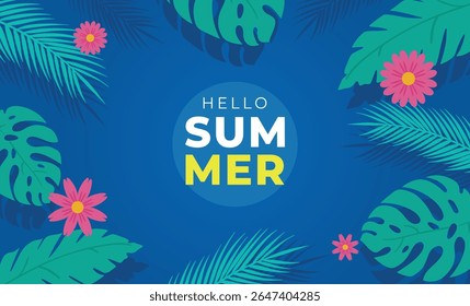 Hello Summer Banner Template with Tropical Flowers – Vibrant Floral Vector Design for Seasonal Promotion and Vacation Ads