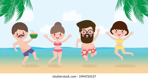 Hello summer banner template, Young man and woman jumping on have a fun summer time, Relaxing person at seashore, Lounge time at the seaside, vacation flat cartoon on background vector illustration