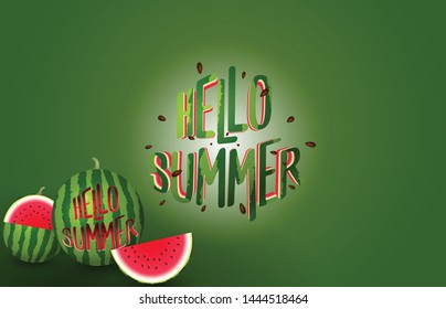 Hello summer banner - text cutting from realistic watermelon - vector illustration