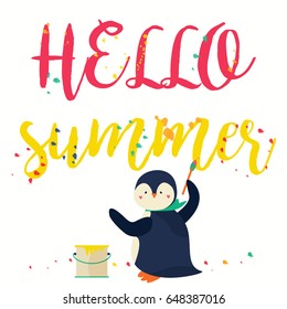 Hello summer banner with text and drawing penguin
