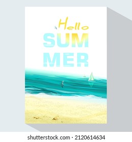 Hello Summer banner with text, sun against the sky and seascape. Season vocation, weekend, holiday logo. Summer Time Wallpaper. Happy shiny Day. Vector Lettering. Traveling poster