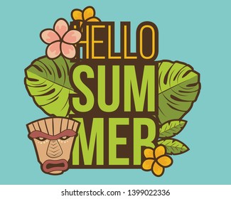 Hello Summer banner with tiki mask and tropical plants design for banner, flyer, invitation, poster, web site or greeting card. vector illustration