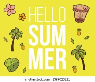 Hello Summer banner with tiki mask and tropical plants design for banner, flyer, invitation, poster, web site or greeting card. vector illustration