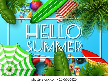 Hello summer banner. Top view on tropical leaves and beach element collections
