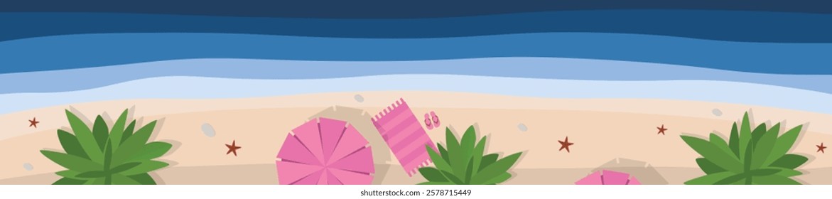 Hello summer banner. Top view island beach background with umbrella. Summer vacation poster