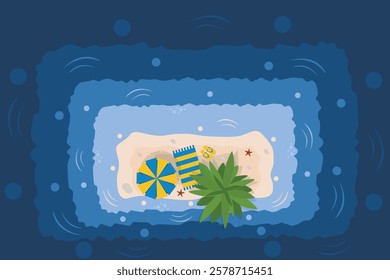 Hello summer banner. Top view island beach background with umbrella. Summer vacation poster 