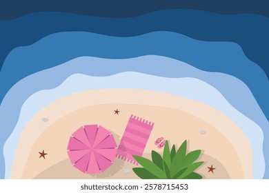 Hello summer banner. Top view island beach background with umbrella. Summer vacation poster 