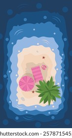 Hello summer banner. Top view island beach background with umbrella. Summer vacation poster 