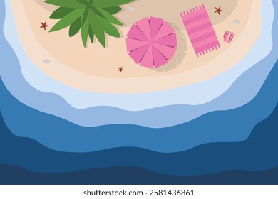 Hello summer banner. Top view island beach background with umbrella. Summer vacation poster 