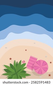 Hello summer banner. Top view island beach background with umbrella. Summer vacation poster 