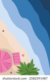 Hello summer banner. Top view island beach background with umbrella. Summer vacation poster 