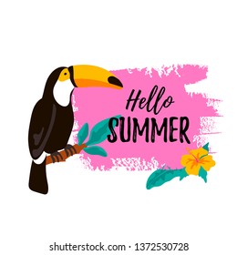 Hello Summer banner with toucan and tropical leaves and flovers. Vector illustration with hand drawn elements