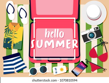 Hello Summer banner Travel, vacation items on beach background. Vector illustration