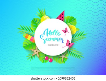 Hello Summer banner with Travel Vacation Elements. Vector illustration.