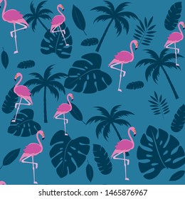 Hello Summer banner. Trendy texture. Season vocation, weekend, holiday logo. Palm trees, leaf, flamingo
