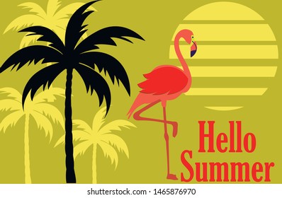 Hello Summer banner. Trendy texture. Season vocation, weekend, holiday logo. Palm trees, leaf, flamingo