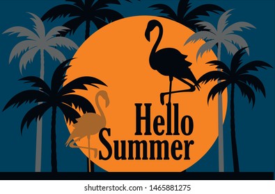 Hello Summer banner. Trendy texture. Season vocation, weekend, holiday logo. Palm trees, leaf, flamingo