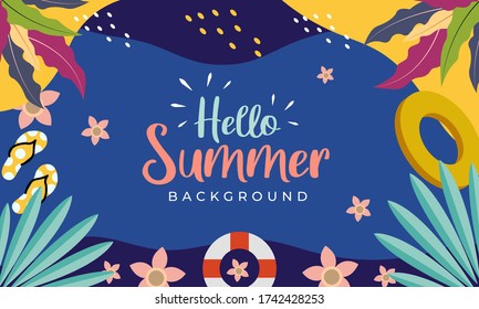 Hello Summer banner. Trendy texture. Season vocation, weekend, holiday logo. Summer Time Wallpaper. Happy summer Day. Summer vector Lettering text. Fashionable styling. Flat design style.