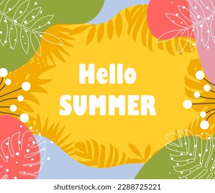 Hello Summer banner. Trendy texture. Season vocation, weekend, holiday logo. Summer Time Wallpaper. Summer vector Lettering text. Fashionable styling.