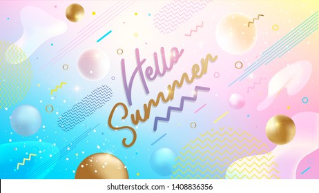 Hello Summer banner. Trendy textured. Season vocation, weekend, holiday logo. Summer Time Wallpaper. Happy summer Day. Globe space vector. Lettering text. Fashionable modern color styling template.