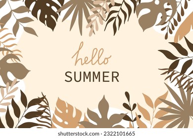 Hola banner de verano. Fondo tropical con hojas de palma. Ilustración vectorial de la jungla.
